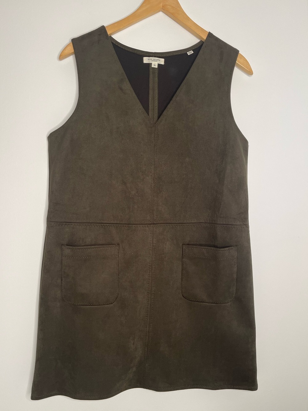 MAX STUDIO Dark Olive Suede V-Neck Sleeveless MiniShift Dress Layering